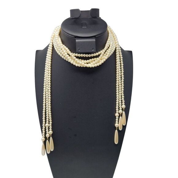 Vintage Signed Liz Claiborne Multi Strand Faux Pearl Tassel Lariat Necklace - Picture 12 of 14